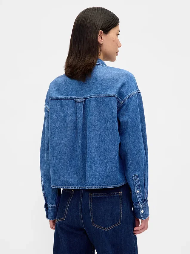 Ultrazacht denim oversized overhemd met rechte zoom en cropped lengte
