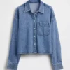 Ultrazacht denim oversized overhemd met rechte zoom en cropped lengte