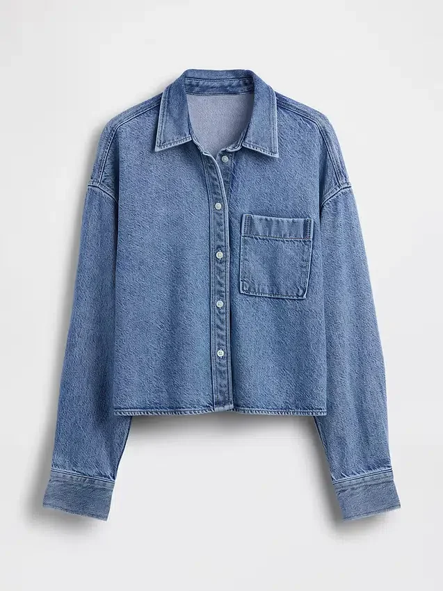 Ultrazacht denim oversized overhemd met rechte zoom en cropped lengte