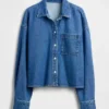 Ultrazacht denim oversized overhemd met rechte zoom en cropped lengte