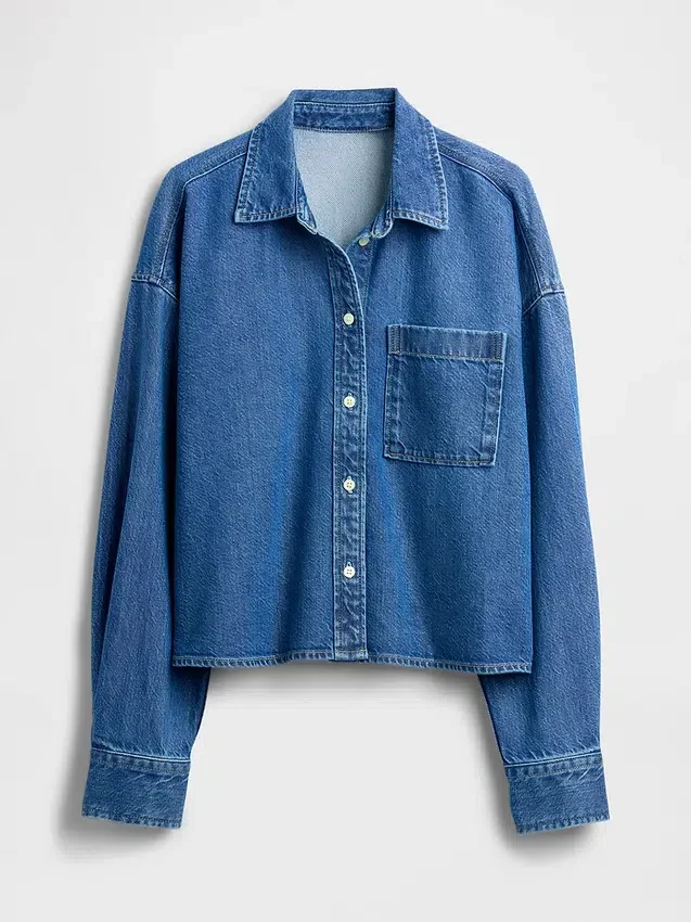Ultrazacht denim oversized overhemd met rechte zoom en cropped lengte