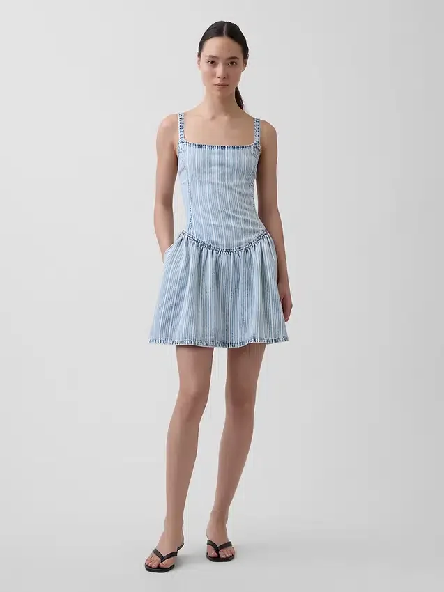Ultrazachte denim gestreepte minijurk met lage taille