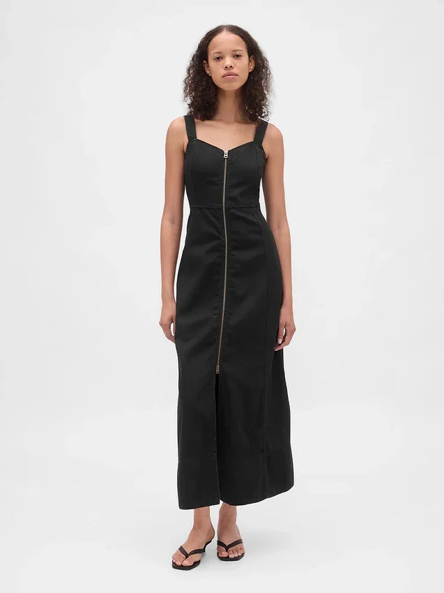 Ultrazachte maxi-jurk van denim met ritssluiting aan de voorkant