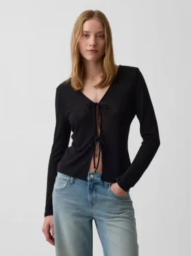Vest met strik aan de voorkant van linnenmix