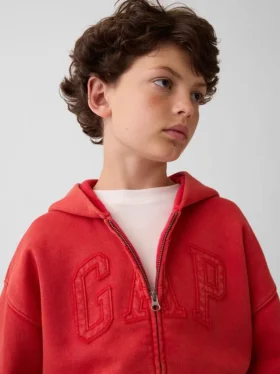Vintagesoft-hoodie met rits en logo voor kinderen, relaxte pasvorm