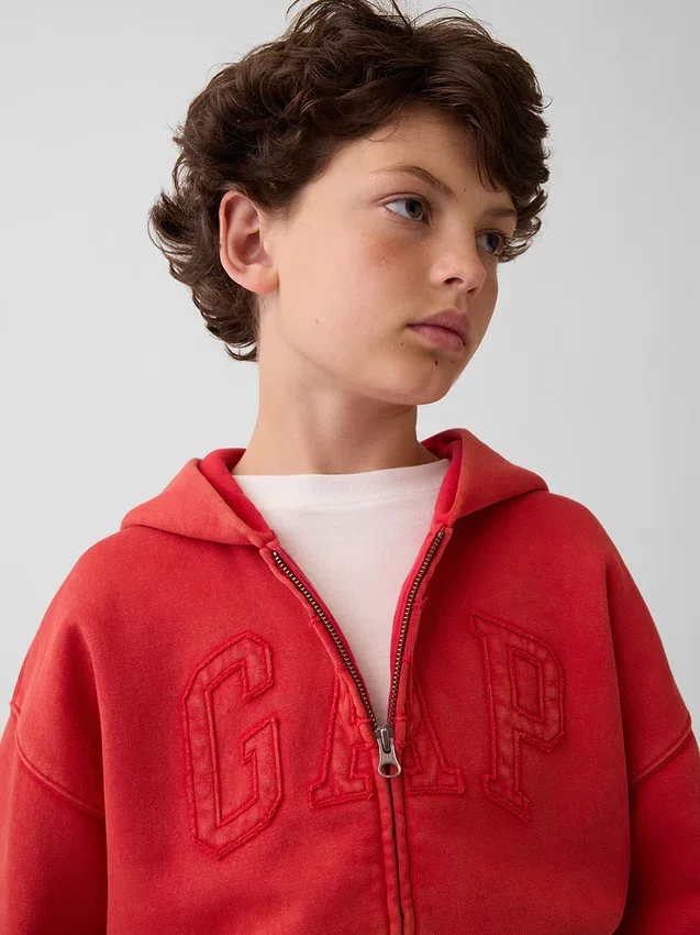 Vintagesoft-hoodie met rits en logo voor kinderen, relaxte pasvorm