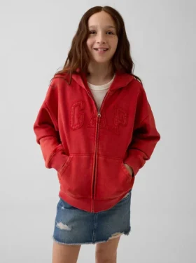 Vintagesoft-hoodie met rits en logo voor kinderen, relaxte pasvorm