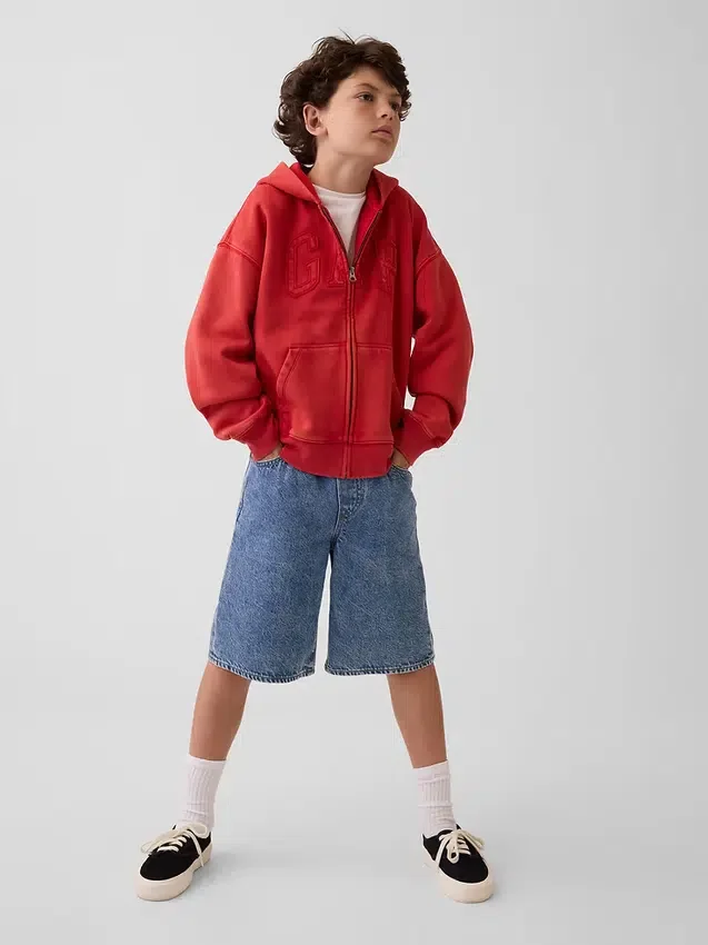 Vintagesoft-hoodie met rits en logo voor kinderen, relaxte pasvorm