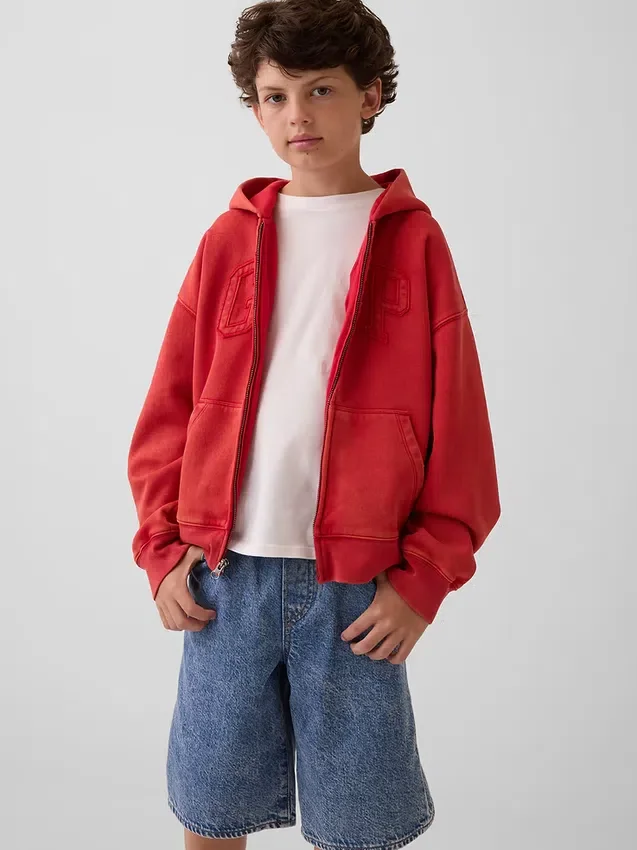Vintagesoft-hoodie met rits en logo voor kinderen, relaxte pasvorm