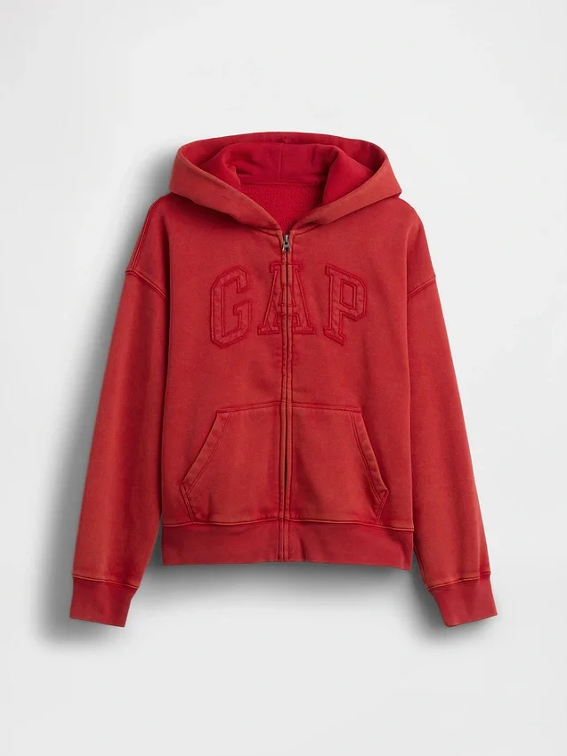 Vintagesoft-hoodie met rits en logo voor kinderen, relaxte pasvorm