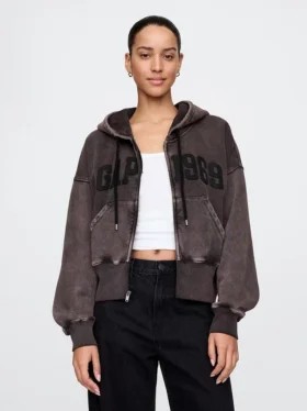 Vintagesoft hoodie met rits en schuine pas