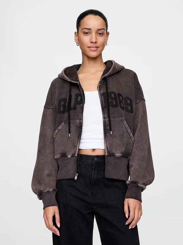 Vintagesoft hoodie met rits en schuine pas