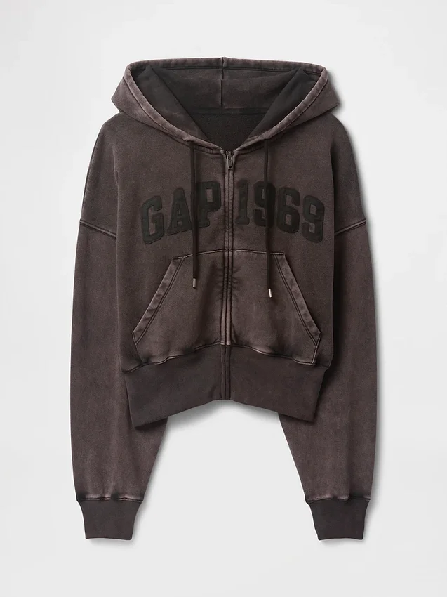 Vintagesoft hoodie met rits en schuine pas