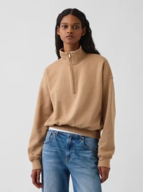 Vintagesoft oversized pullover met halve rits en wigvormige hals