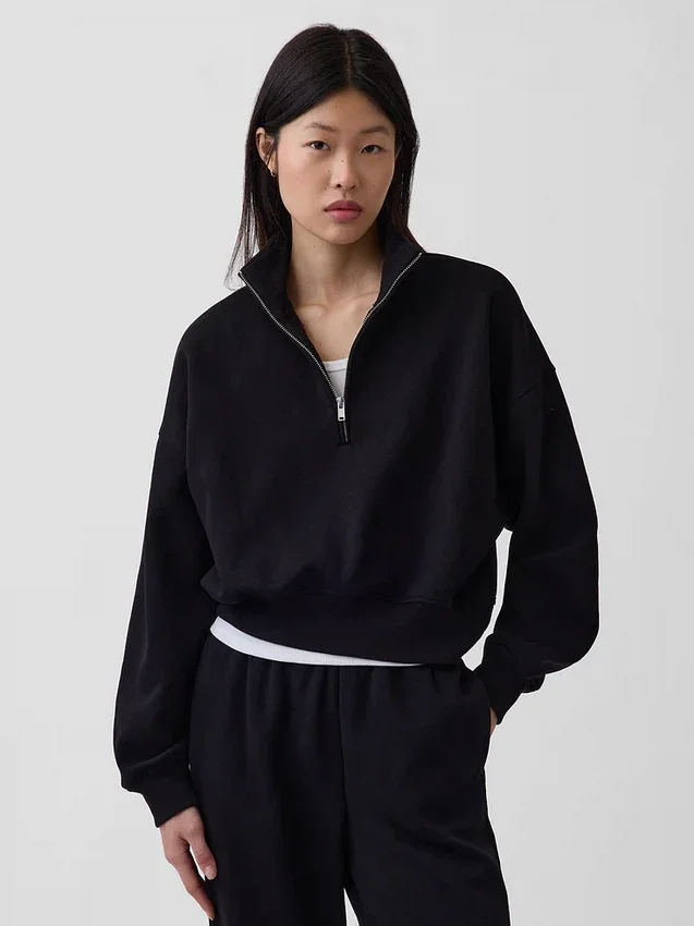Vintagesoft oversized pullover met halve rits en wigvormige hals