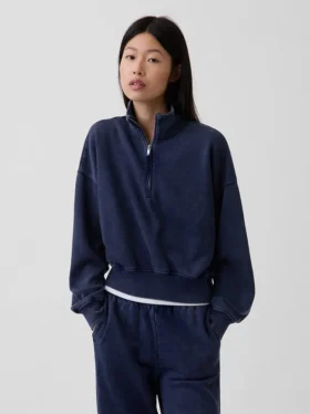 Vintagesoft oversized pullover met halve rits en wigvormige hals