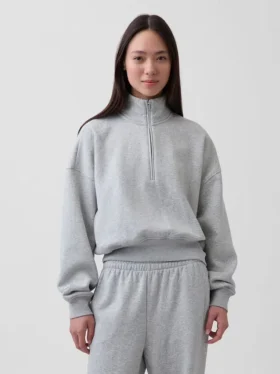 Vintagesoft oversized pullover met halve rits en wigvormige hals