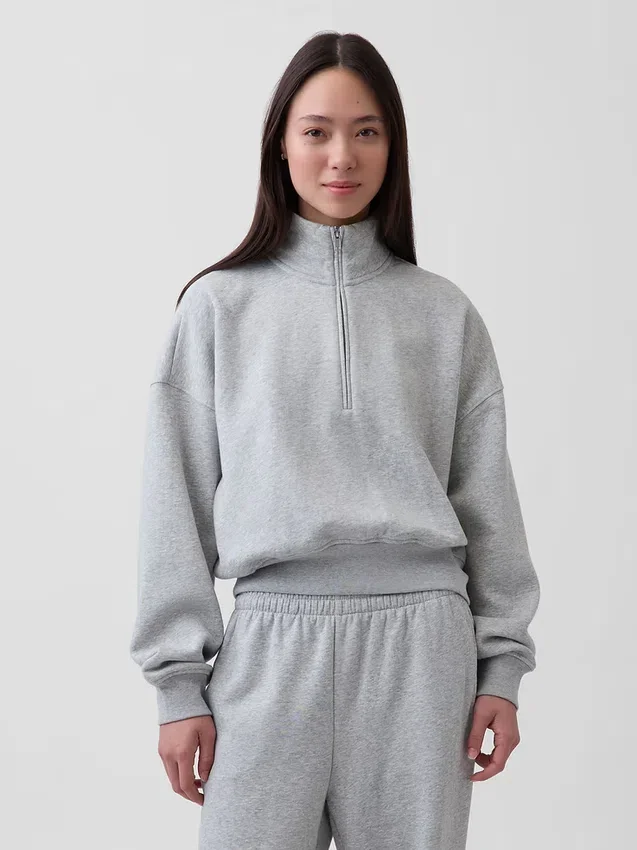 Vintagesoft oversized pullover met halve rits en wigvormige hals
