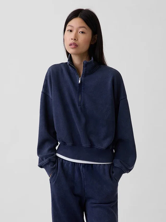 Vintagesoft oversized pullover met halve rits en wigvormige hals