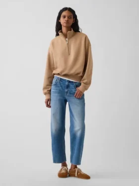 Vintagesoft oversized pullover met halve rits en wigvormige hals