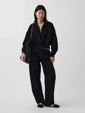 Vintagesoft oversized pullover met halve rits en wigvormige hals