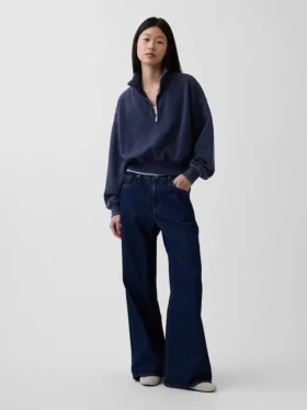 Vintagesoft oversized pullover met halve rits en wigvormige hals