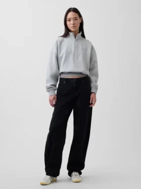 Vintagesoft oversized pullover met halve rits en wigvormige hals