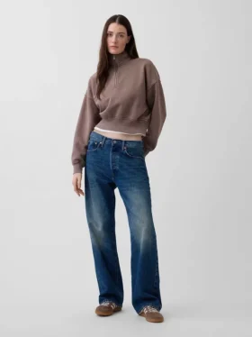 Vintagesoft oversized pullover met halve rits en wigvormige hals