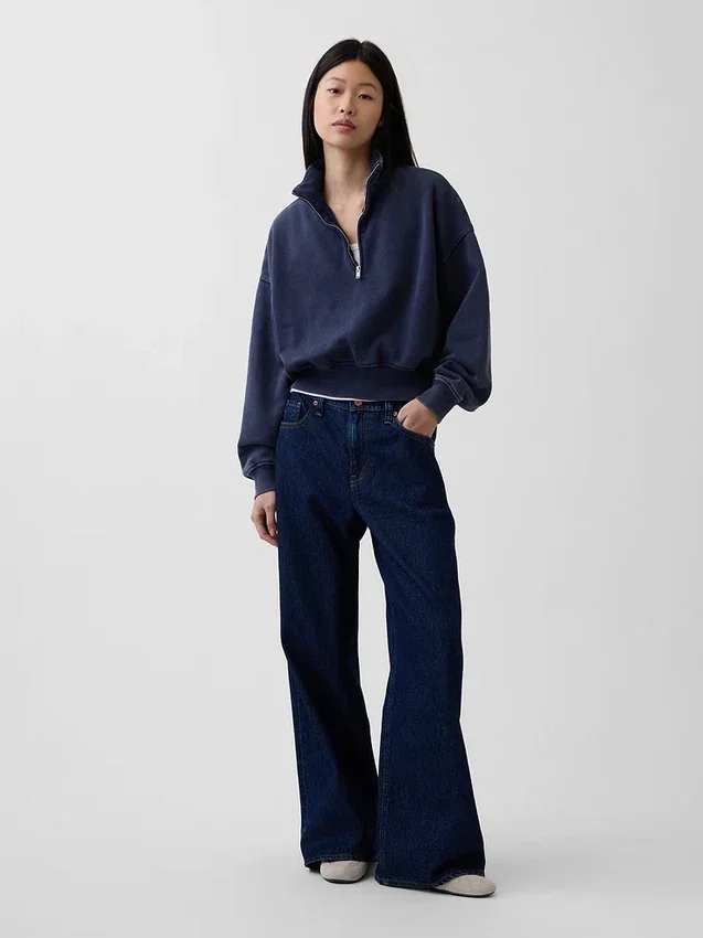 Vintagesoft oversized pullover met halve rits en wigvormige hals