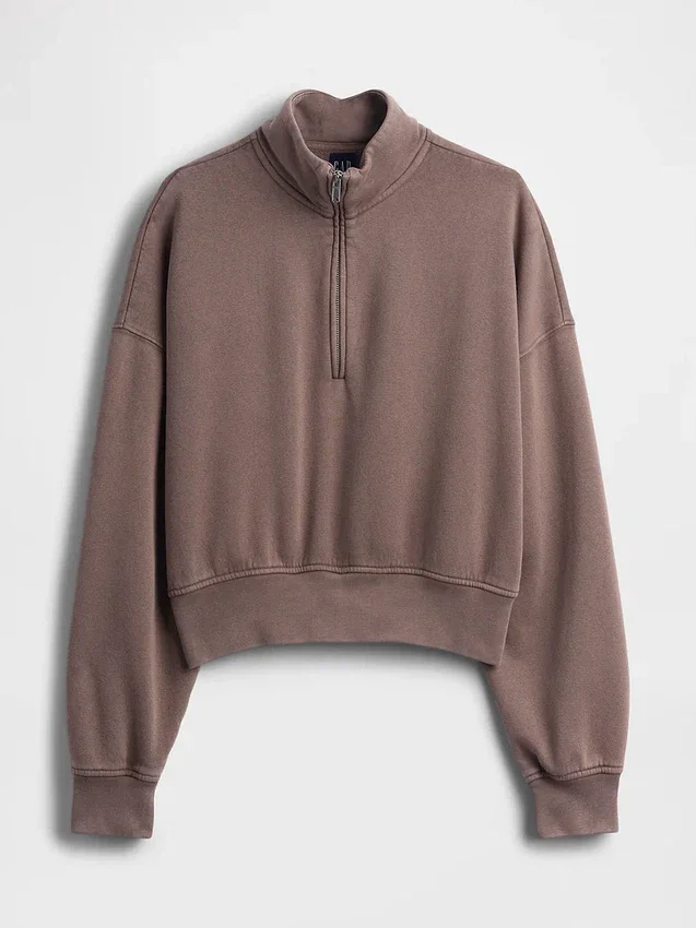 Vintagesoft oversized pullover met halve rits en wigvormige hals