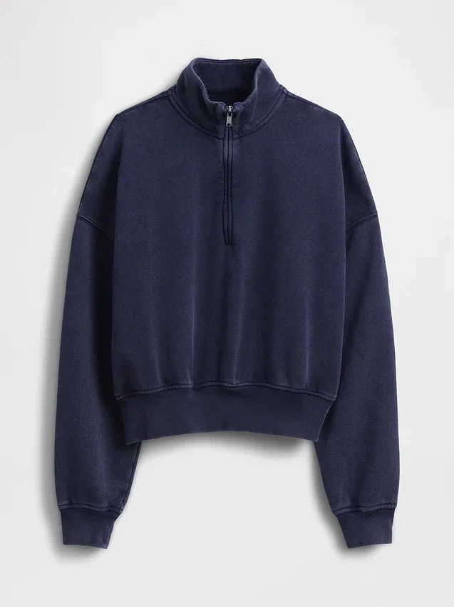Vintagesoft oversized pullover met halve rits en wigvormige hals