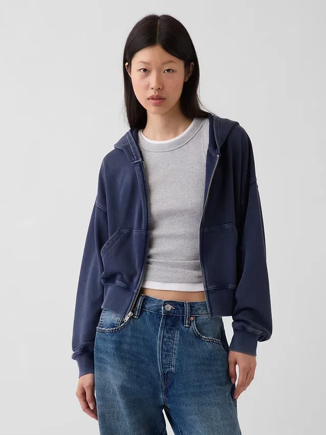 Vintagesoft Terry oversized hoodie met rits en schuine pas