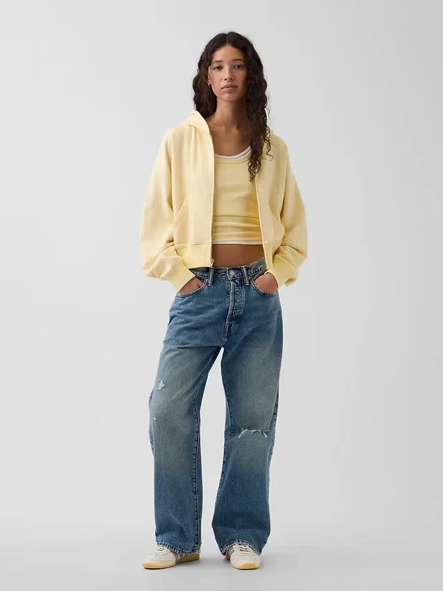 Vintagesoft Terry oversized hoodie met rits en schuine pas