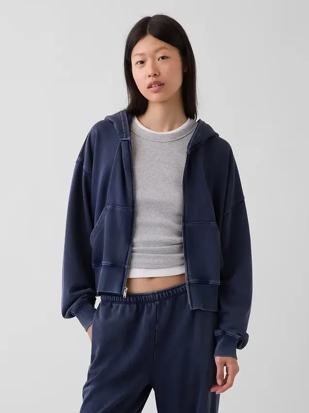 Vintagesoft Terry oversized hoodie met rits en schuine pas