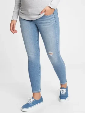 Zwangerschapskleding met echte tailleband, volledig paneel en versleten details, skinny, enkellengte