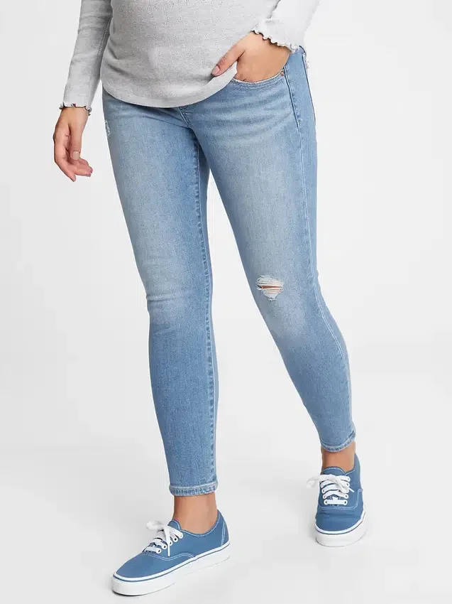 Zwangerschapskleding met echte tailleband, volledig paneel en versleten details, skinny, enkellengte
