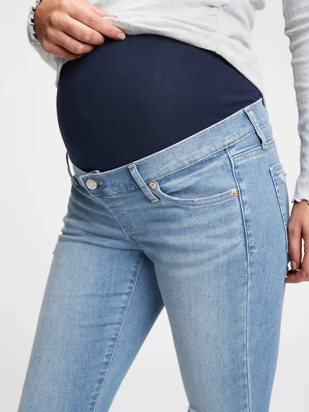 Zwangerschapskleding met echte tailleband, volledig paneel en versleten details, skinny, enkellengte